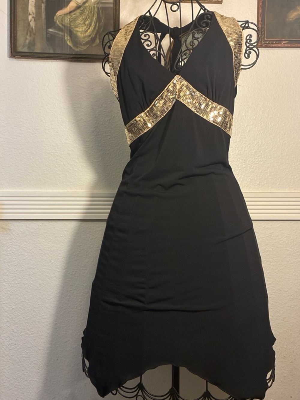 Rampage Black Backless Dress with Gold Sequin Trim